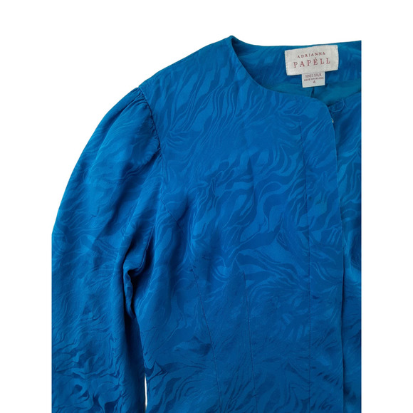 Vintage Adrianna Papell Blue Silk Cropped 3/4 Puff Sleeve Blazer Jacket 4 - Picture 2 of 14